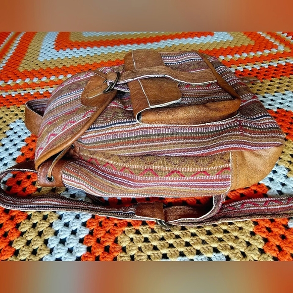 Vintage Leather And Woven Tribal Textile Brown Boho Hippy Backpack - Picture 5 of 16